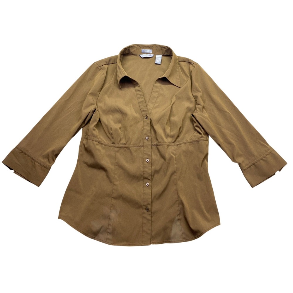 Hillard & Hanson Womens XL Brown Stretch Button Front 3/4 Sleeve Blouse Shirt